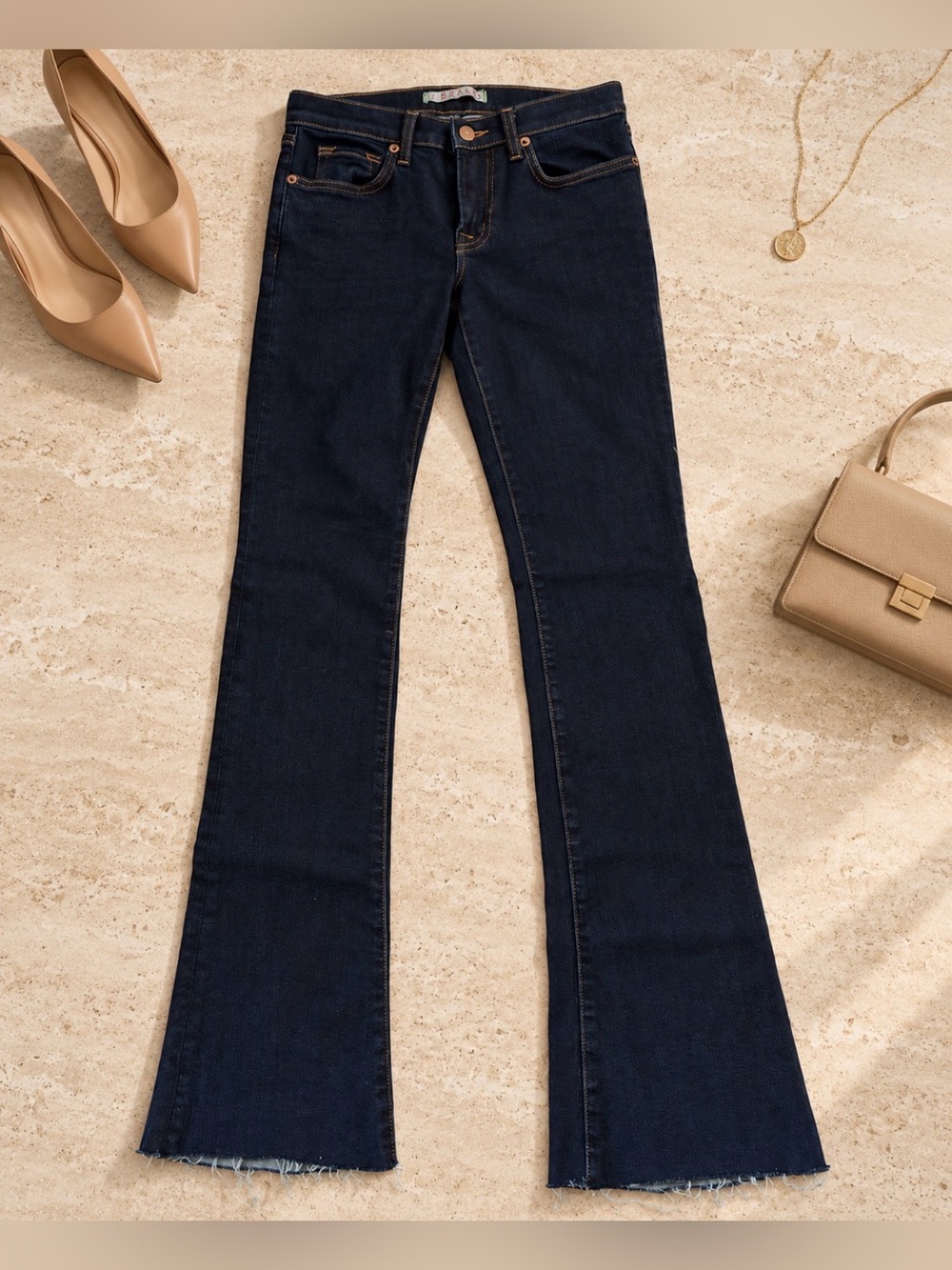 J Brand Janet Dark Indigo Flare Jeans Size 26 Raw Hem Bootcut Stretch Denim - Picture 3 of 13